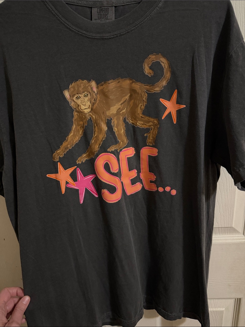 Comfort Colors Black Tee with Monkey Graphic and Bright Stars